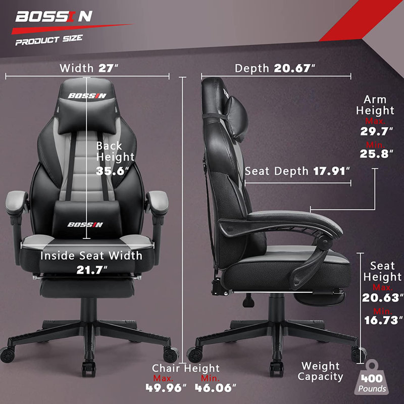 BOSSIN Adjustable Reclining Ergonomic Faux Leather Swiveling PC & Racing Game Chair with